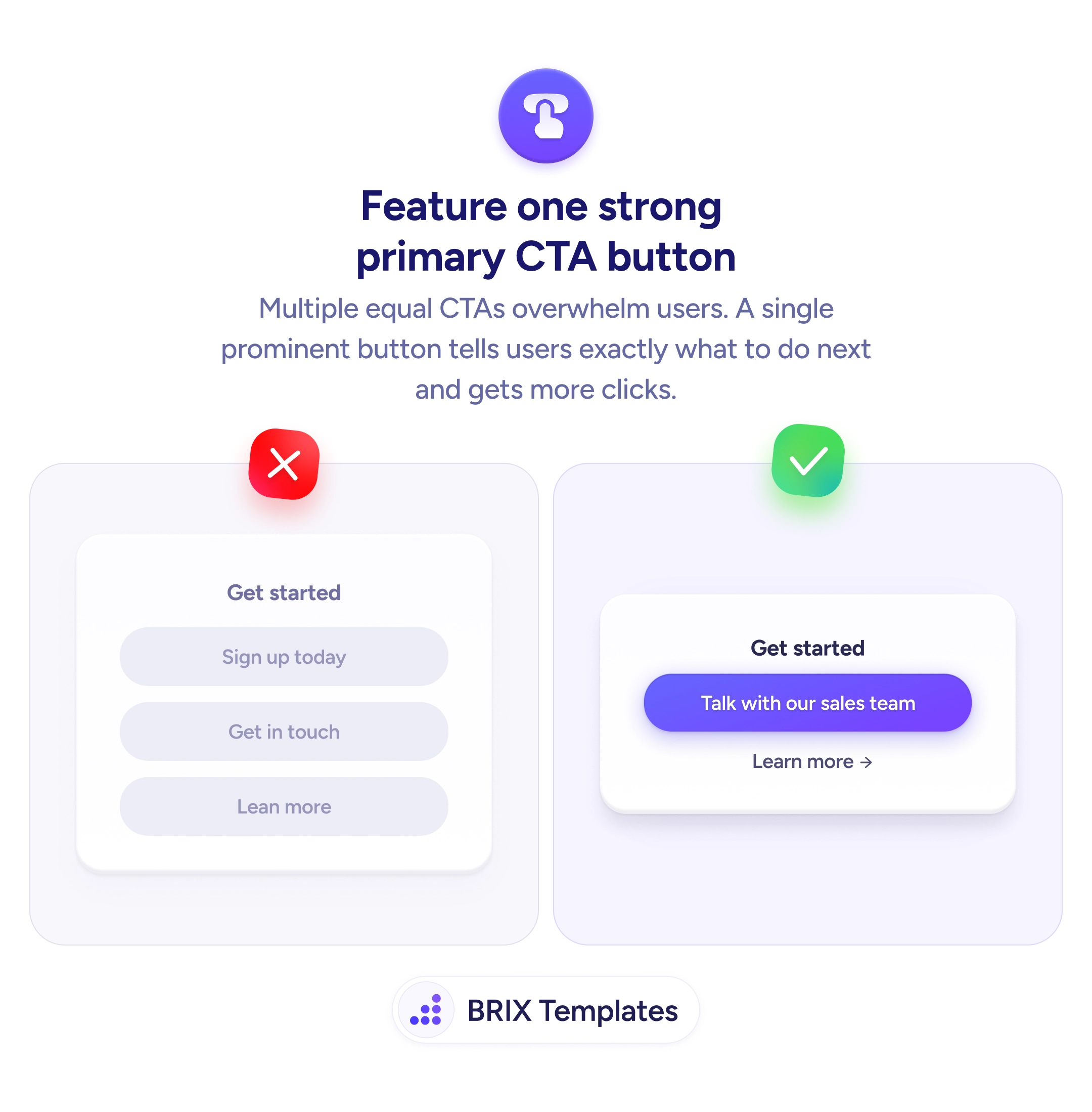 Side-by-side comparison of two 'Get started' sections: the left shows three equal-weight gray outline buttons ('Sign up today', 'Get in touch', 'Learn more') with no clear primary action, while the right shows one prominent purple filled 'Talk with our sales team' button paired with a 'Learn more' text link.