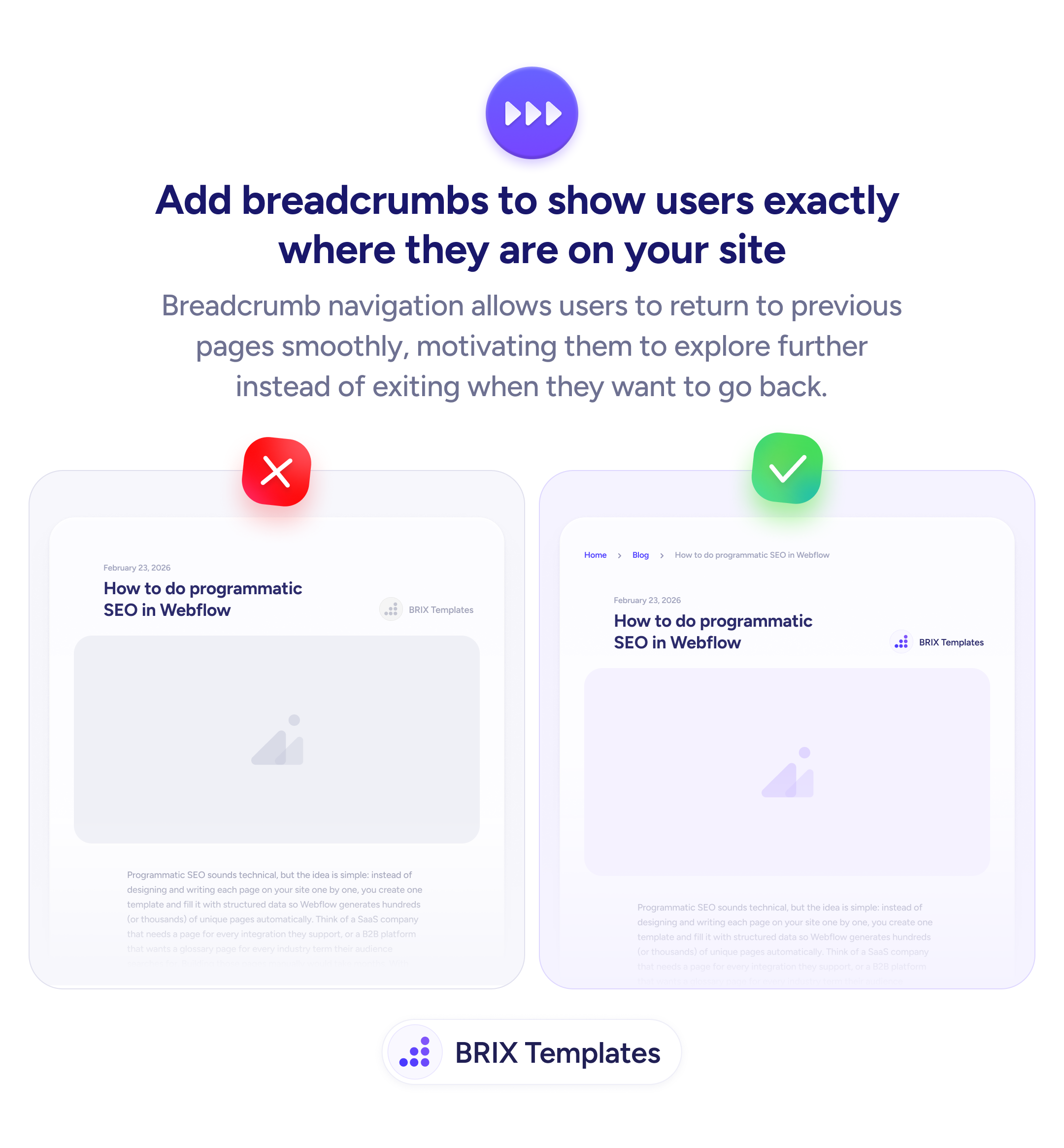 UX tip graphic with the title 'Add breadcrumbs to show users exactly where they are on your site.' Two blog page mockups side by side: the left marked with a red X shows a 'How to do programmatic SEO in Webflow' page with a date but no breadcrumb trail. The right marked with a green checkmark shows the same page with a 'Home > Blog > How to do programmatic SEO in Webflow' breadcrumb trail at the top. BRIX Templates branding at the bottom.