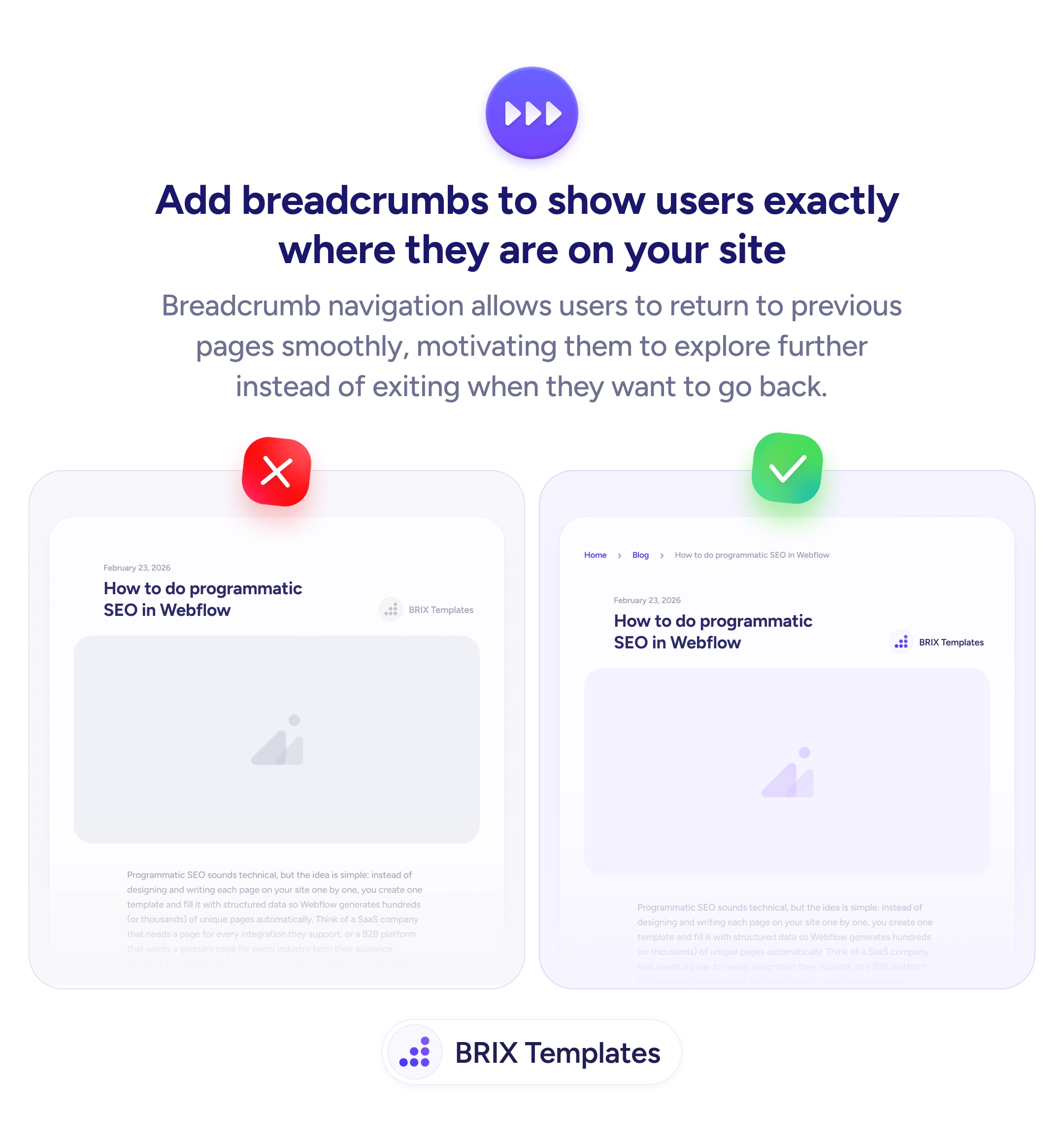 UX tip graphic with the title 'Add breadcrumbs to show users exactly where they are on your site.' Two blog page mockups side by side: the left marked with a red X shows a 'How to do programmatic SEO in Webflow' page with a date but no breadcrumb trail. The right marked with a green checkmark shows the same page with a 'Home > Blog > How to do programmatic SEO in Webflow' breadcrumb trail at the top. BRIX Templates branding at the bottom.