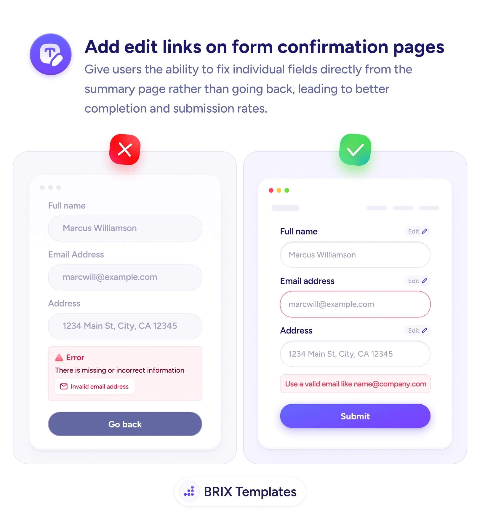 UX tip graphic titled 'Add edit links on form confirmation pages.' The left panel marked with a red X shows a review screen listing Full name, Email address, and Address as read-only text, with a red error box reading 'There is missing or incorrect information — Invalid email address' and only a single 'Go back' button. The right panel marked with a green checkmark shows the same summary where each field — Full name, Email address, Address — has its own small 'Edit' link with a pencil icon; the email field is highlighted in red with inline guidance 'Use a valid email like name@company.com' and a 'Submit' button below. BRIX Templates branding at the bottom.