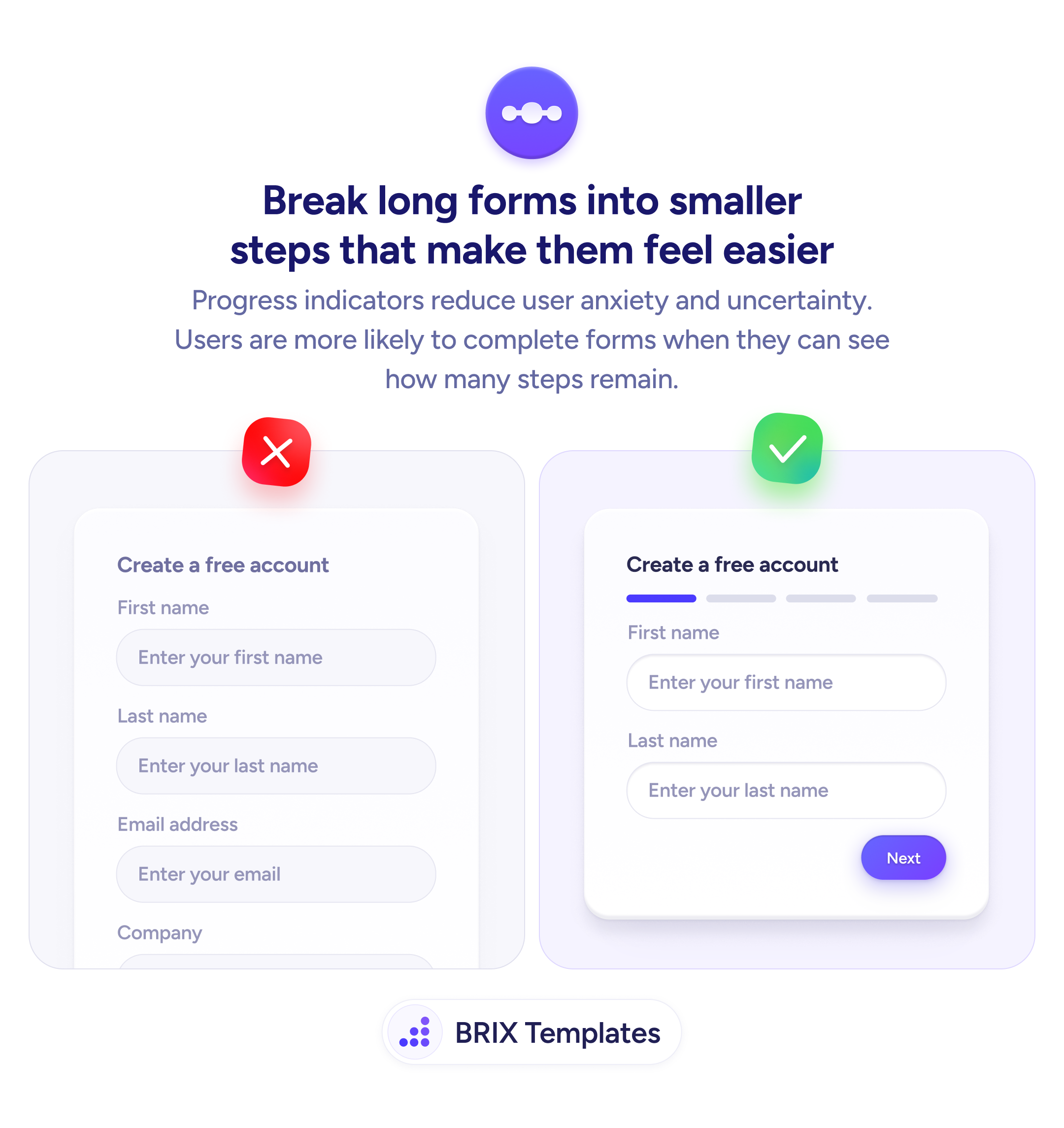 UX tip graphic with the title 'Break long forms into smaller steps that make them feel easier.' Two sign-up form cards side by side: the left card marked with a red X shows all fields at once, the right card marked with a green checkmark shows a two-field step with a progress indicator and a Next button. BRIX Templates branding at the bottom.