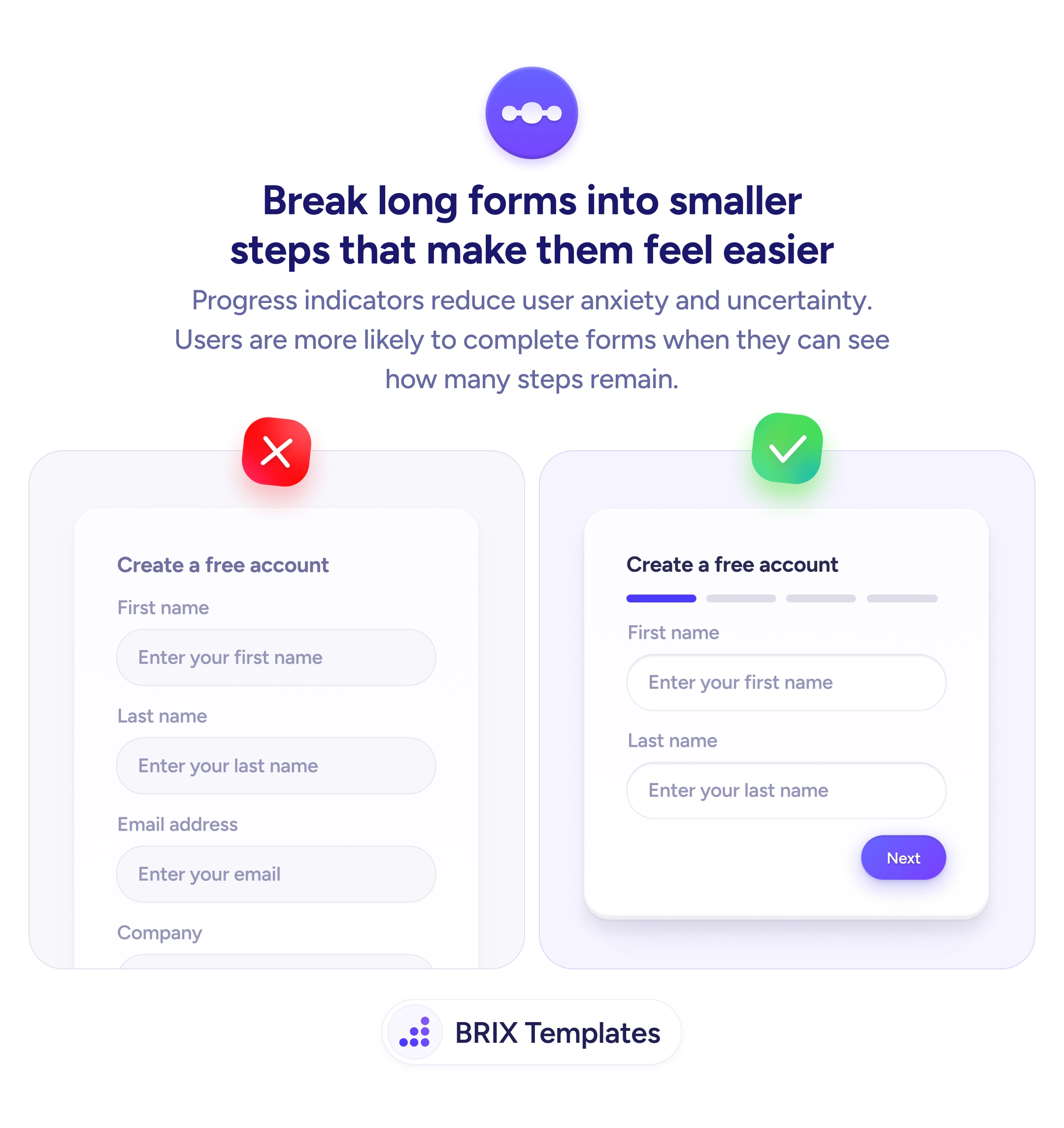 UX tip graphic with the title 'Break long forms into smaller steps that make them feel easier.' Two sign-up form cards side by side: the left card marked with a red X shows all fields at once, the right card marked with a green checkmark shows a two-field step with a progress indicator and a Next button. BRIX Templates branding at the bottom.