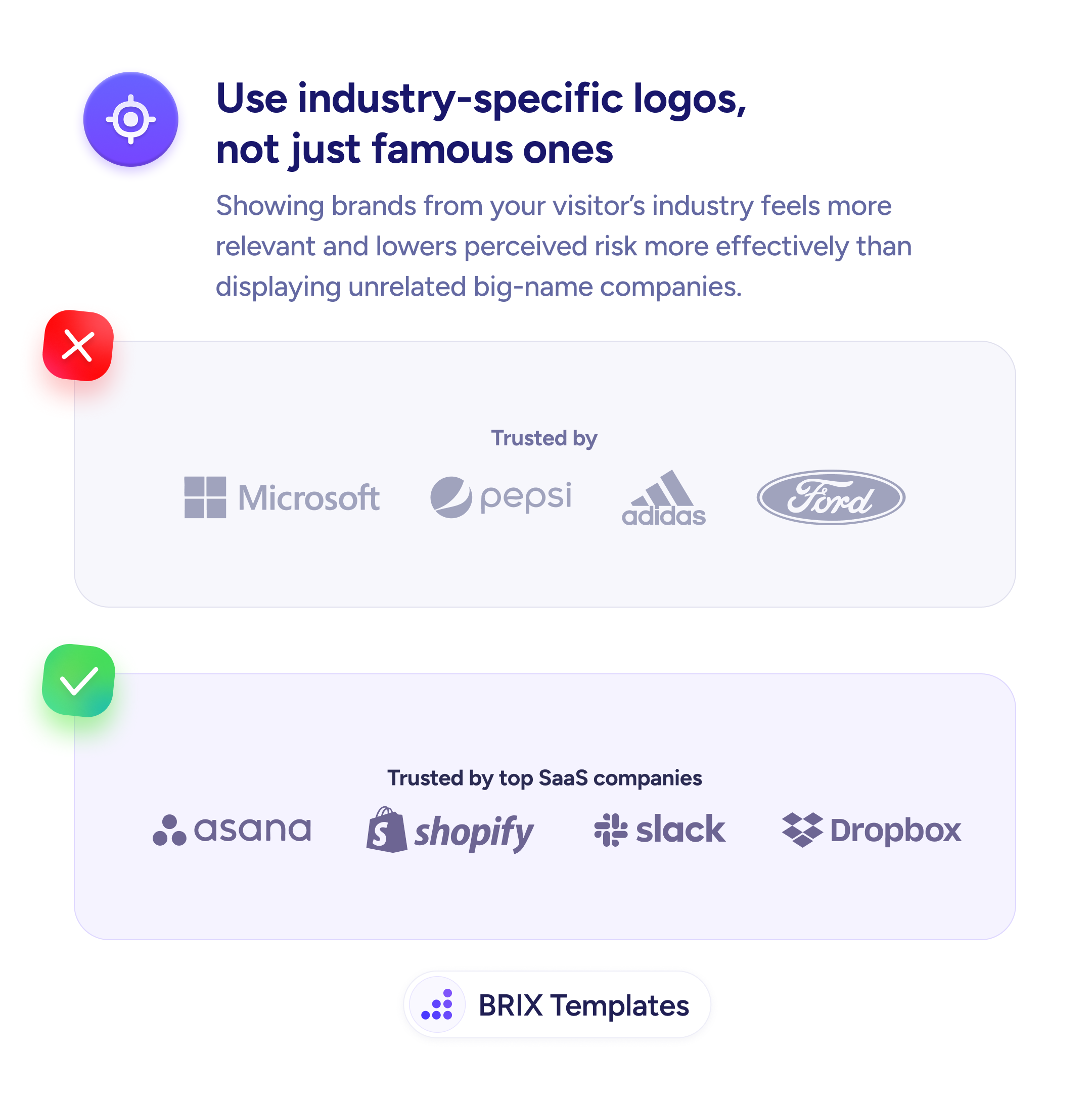 UX tip graphic with the title 'Use industry-specific logos, not just famous ones.' Top section marked with a red X shows a 'Trusted by' logo bar with Microsoft, Pepsi, Adidas, and Ford logos. Bottom section marked with a green checkmark shows a 'Trusted by top SaaS companies' logo bar with Asana, Shopify, Slack, and Dropbox logos. BRIX Templates branding at the bottom.