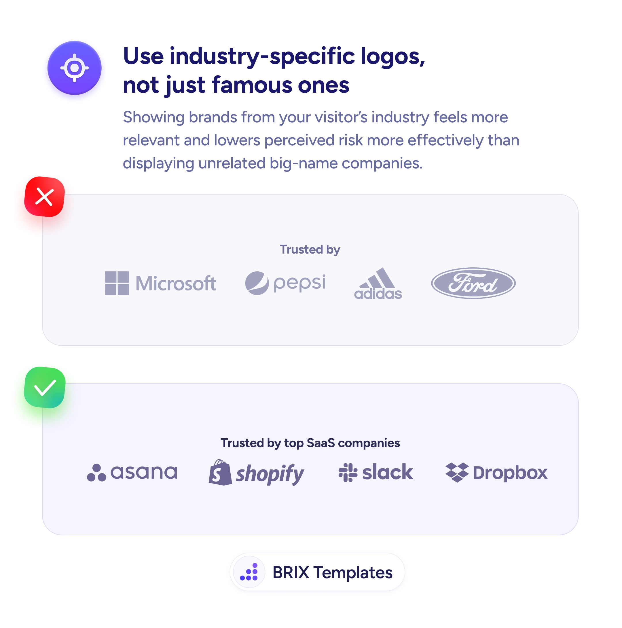 UX tip graphic with the title 'Use industry-specific logos, not just famous ones.' Top section marked with a red X shows a 'Trusted by' logo bar with Microsoft, Pepsi, Adidas, and Ford logos. Bottom section marked with a green checkmark shows a 'Trusted by top SaaS companies' logo bar with Asana, Shopify, Slack, and Dropbox logos. BRIX Templates branding at the bottom.