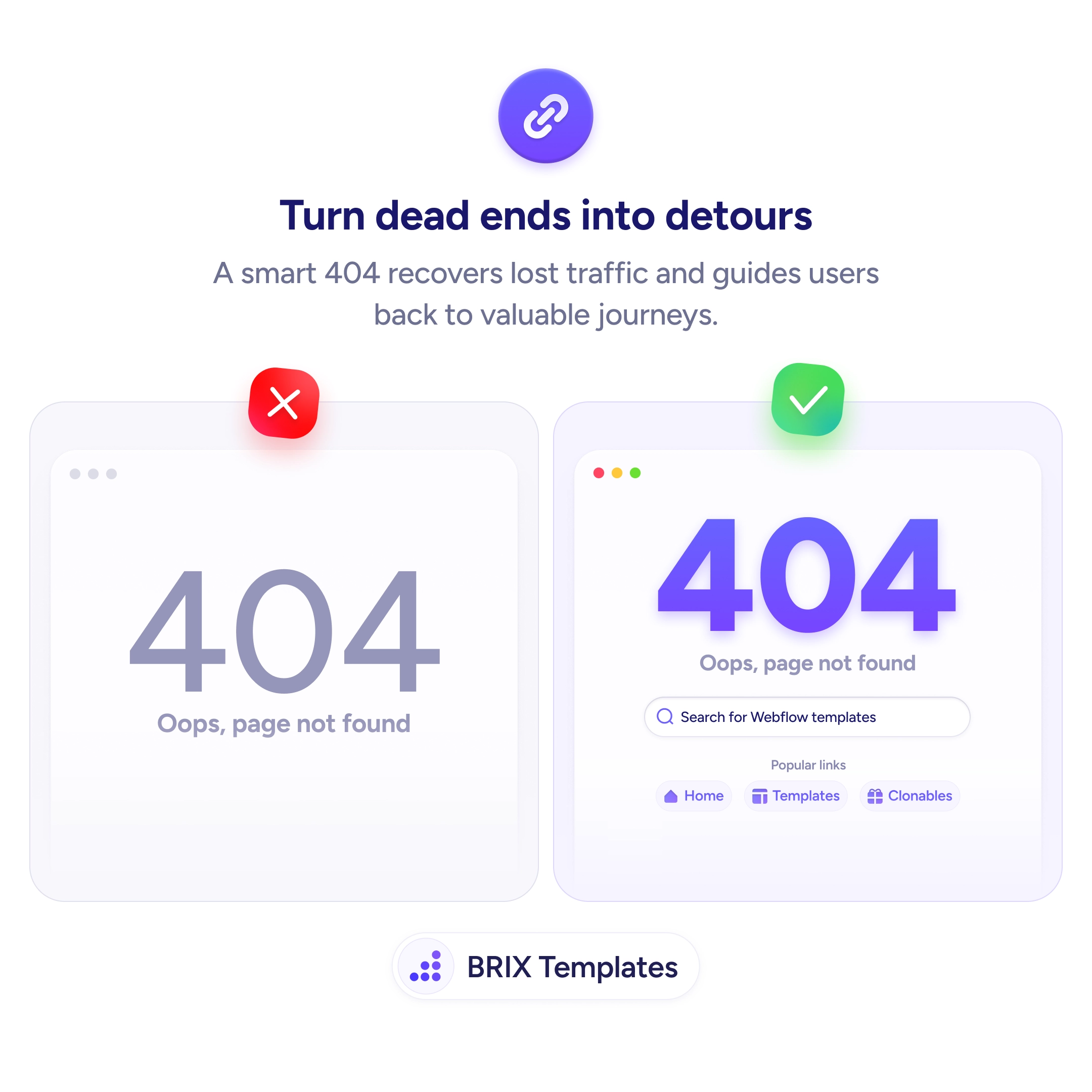 UX tip graphic with the title 'Turn dead ends into detours.' Two browser windows side by side: the left marked with a red X shows a plain 404 page with only 'Oops, page not found' text. The right marked with a green checkmark shows an enhanced 404 page with 'Oops, page not found,' a 'Search for Webflow templates' search bar, and popular links (Home, Templates, Clonables). BRIX Templates branding at the bottom.