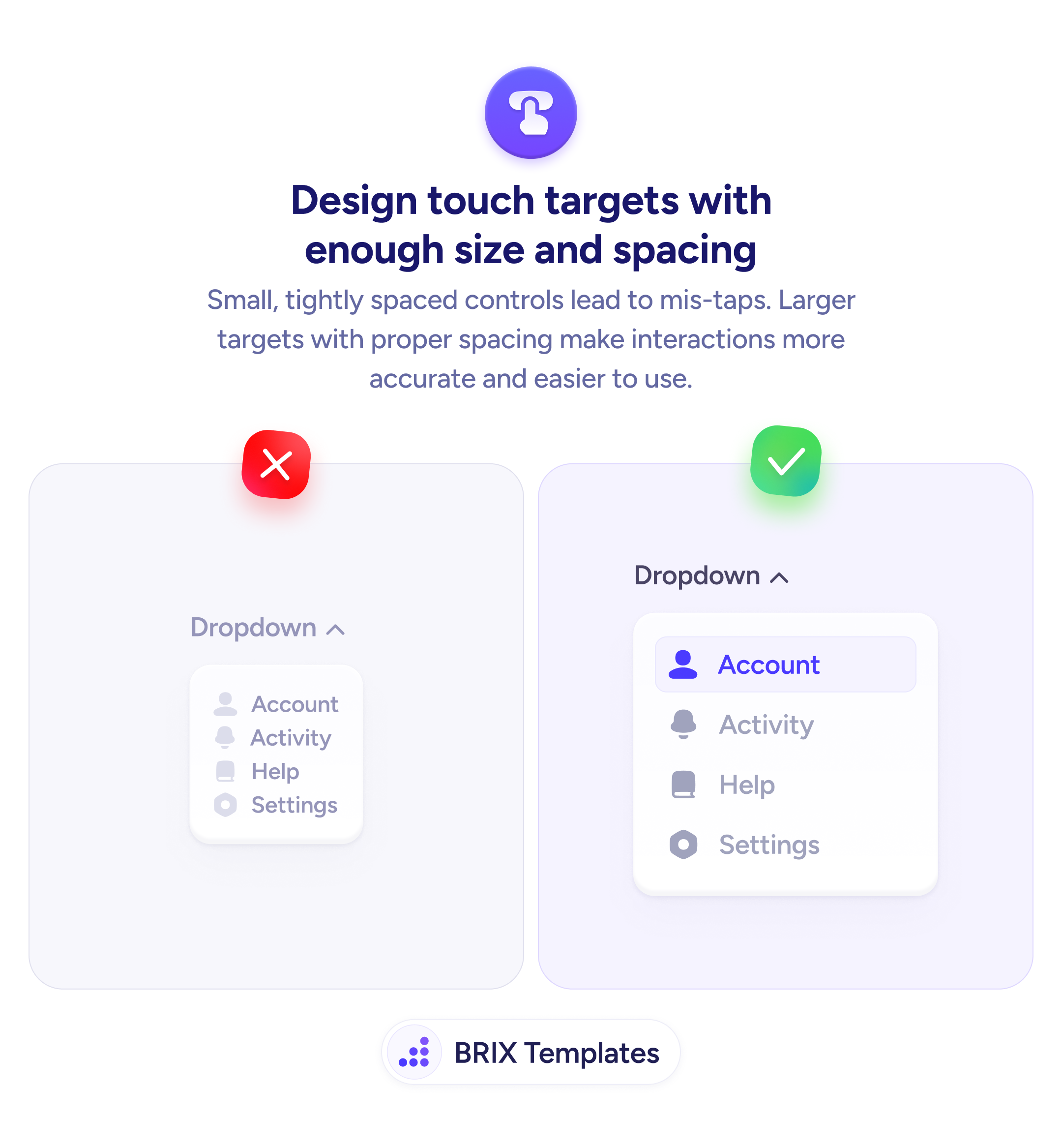 UX tip graphic with the title 'Design touch targets with enough size and spacing.' Two dropdown menus side by side: the left menu marked with a red X shows small, tightly packed items (Account, Activity, Help, Settings) with minimal spacing, the right menu marked with a green checkmark shows the same items with generous padding, larger text, and clear visual separation between each row. BRIX Templates branding at the bottom.