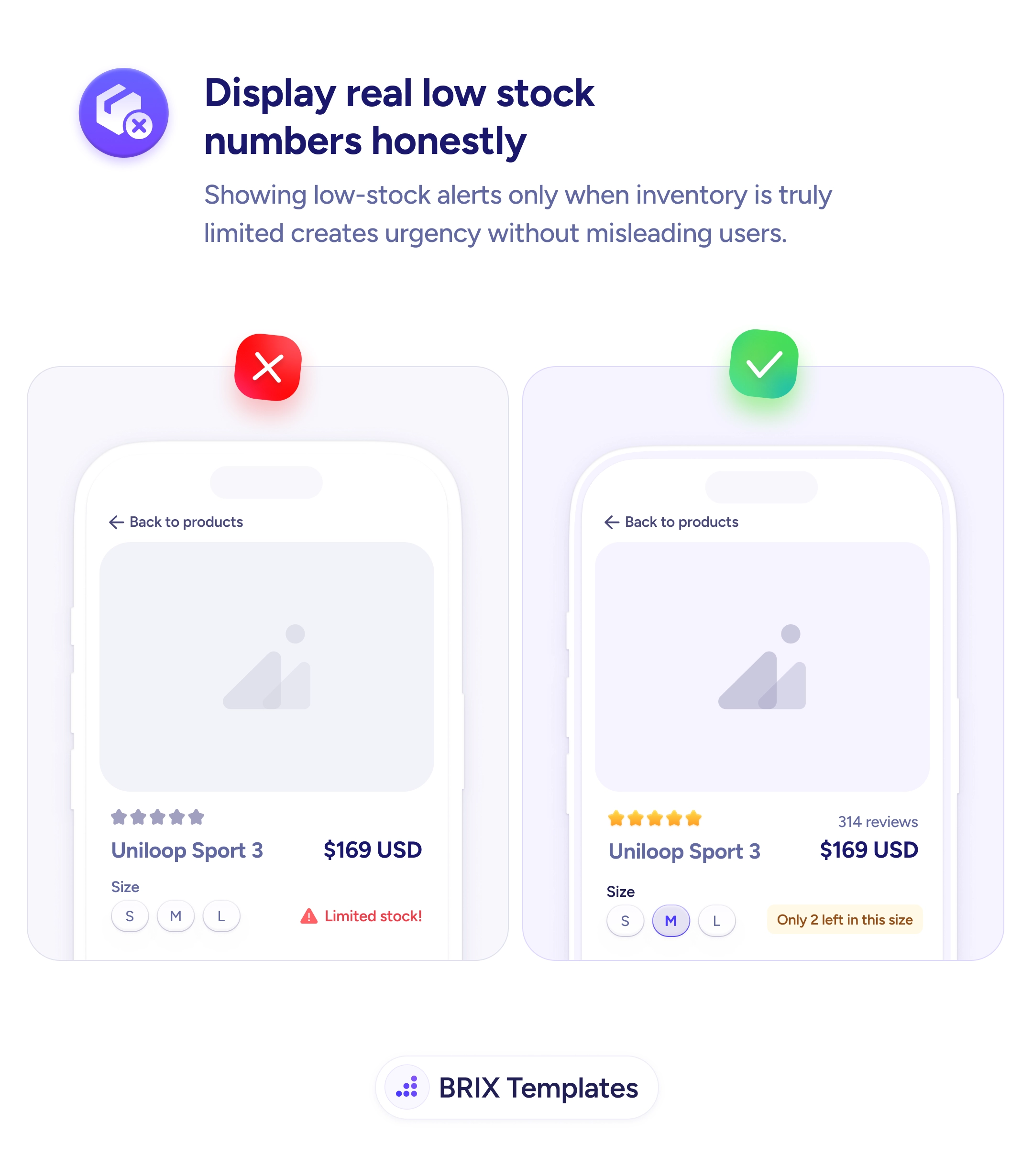 UX tip graphic with the title 'Display real low stock numbers honestly.' Two mobile product detail pages side by side, both with a 'Back to products' link, the product 'Uniloop Sport 3', and the price $169 USD. The left page marked with a red X shows an empty 5-star rating placeholder, no review count, size options S, M, L, and a small red warning that reads 'Limited stock!' with a warning icon. The right page marked with a green checkmark shows a filled 4-star rating, '314 reviews', size options S, M (selected), and L, and a specific orange note that reads 'Only 2 left in this size'. BRIX Templates branding at the bottom.