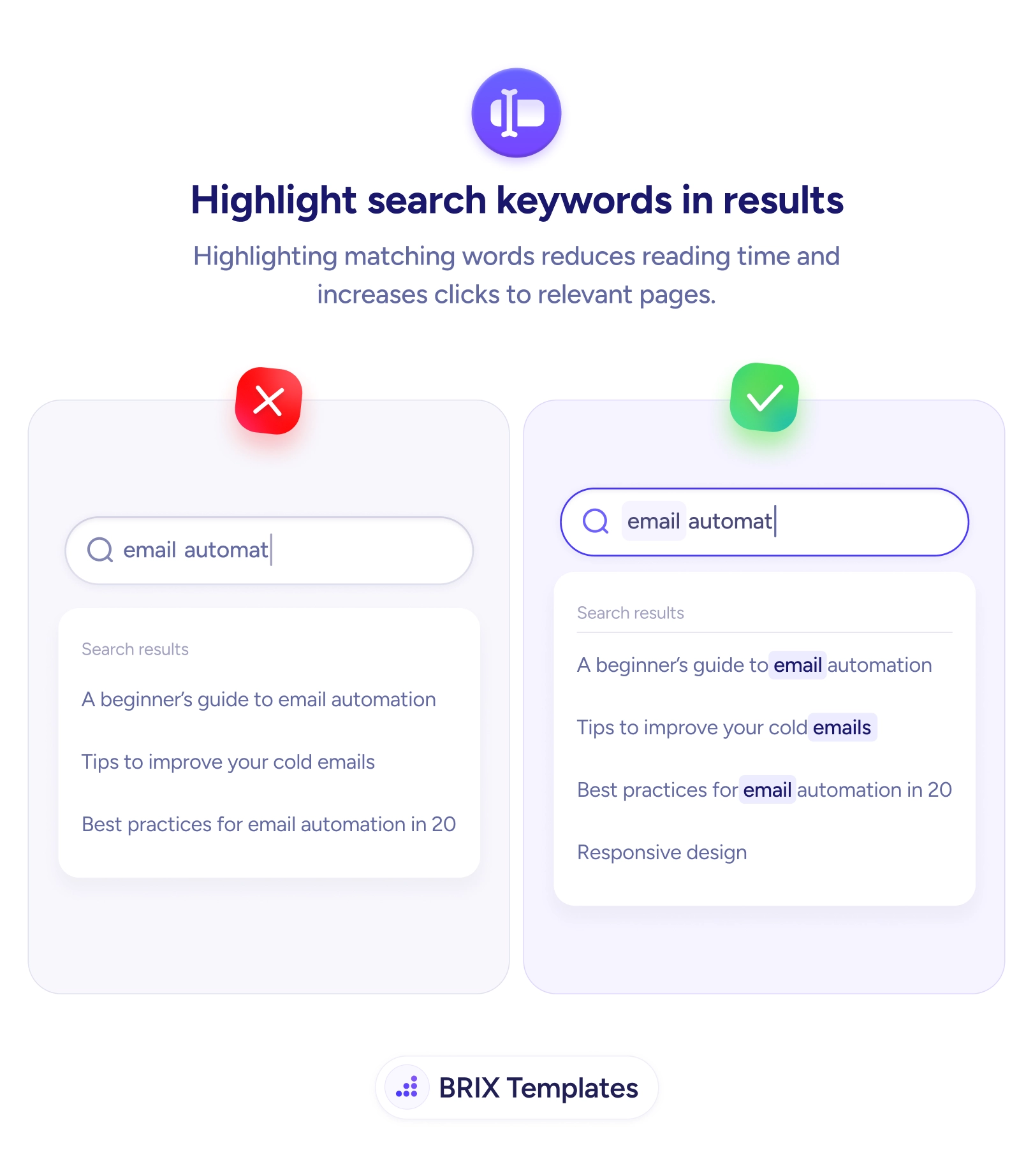 UX tip graphic titled 'Highlight search keywords in results.' Both panels show a search box with the query 'email automat' and a list of result links. The left panel marked with a red X shows the results in plain, uniform text where the matching words don't stand out. The right panel marked with a green checkmark shows the same results with the matched terms 'email' and 'automation' bolded and highlighted inside each link, making the relevant hits easy to spot. BRIX Templates branding at the bottom.