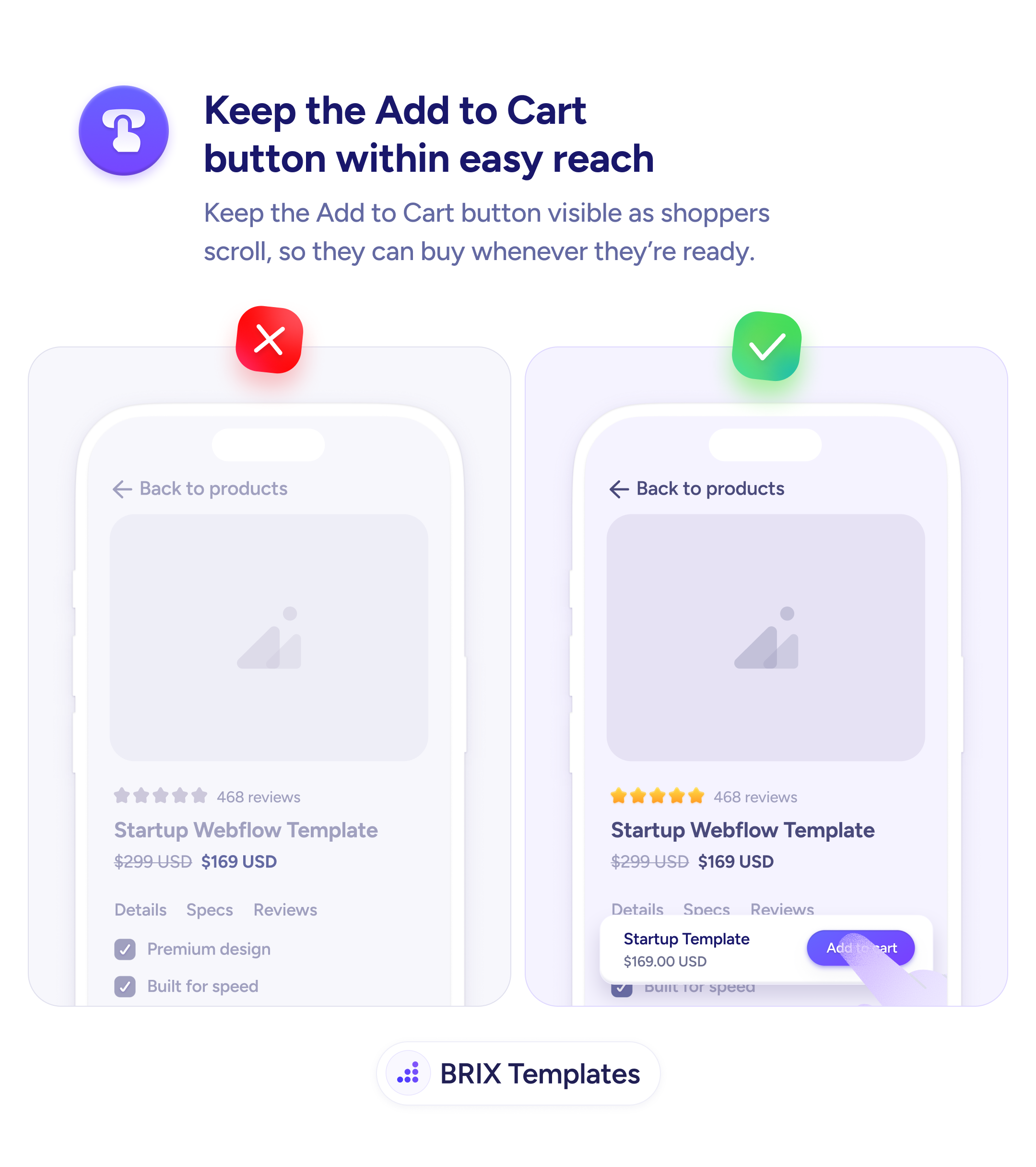 UX tip graphic with the title 'Keep the Add to Cart button within easy reach.' Two mobile product detail screens side by side, both showing a 'Startup Webflow Template' page with a '← Back to products' link, 5-star rating and 468 reviews, crossed-out $299 USD and current $169 USD, and Details / Specs / Reviews tabs. The left screen marked with a red X shows only the feature checkmarks 'Premium design' and 'Built for speed' — the Add to cart button is below the fold. The right screen marked with a green checkmark shows the same page with a sticky purchase bar pinned at the bottom: the product thumbnail and 'Startup Template — $169.00 USD' on the left, and a prominent purple 'Add to cart' button on the right. BRIX Templates branding at the bottom.