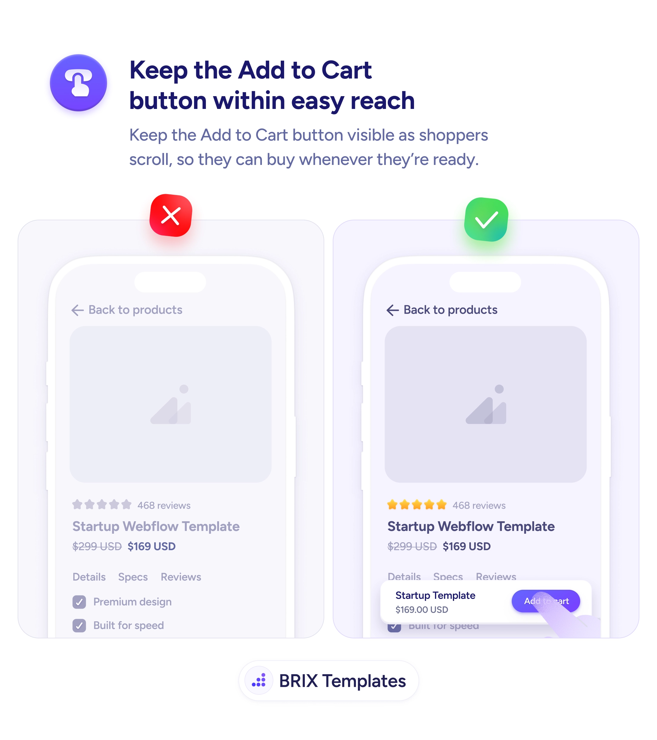 UX tip graphic with the title 'Keep the Add to Cart button within easy reach.' Two mobile product detail screens side by side, both showing a 'Startup Webflow Template' page with a '← Back to products' link, 5-star rating and 468 reviews, crossed-out $299 USD and current $169 USD, and Details / Specs / Reviews tabs. The left screen marked with a red X shows only the feature checkmarks 'Premium design' and 'Built for speed' — the Add to cart button is below the fold. The right screen marked with a green checkmark shows the same page with a sticky purchase bar pinned at the bottom: the product thumbnail and 'Startup Template — $169.00 USD' on the left, and a prominent purple 'Add to cart' button on the right. BRIX Templates branding at the bottom.