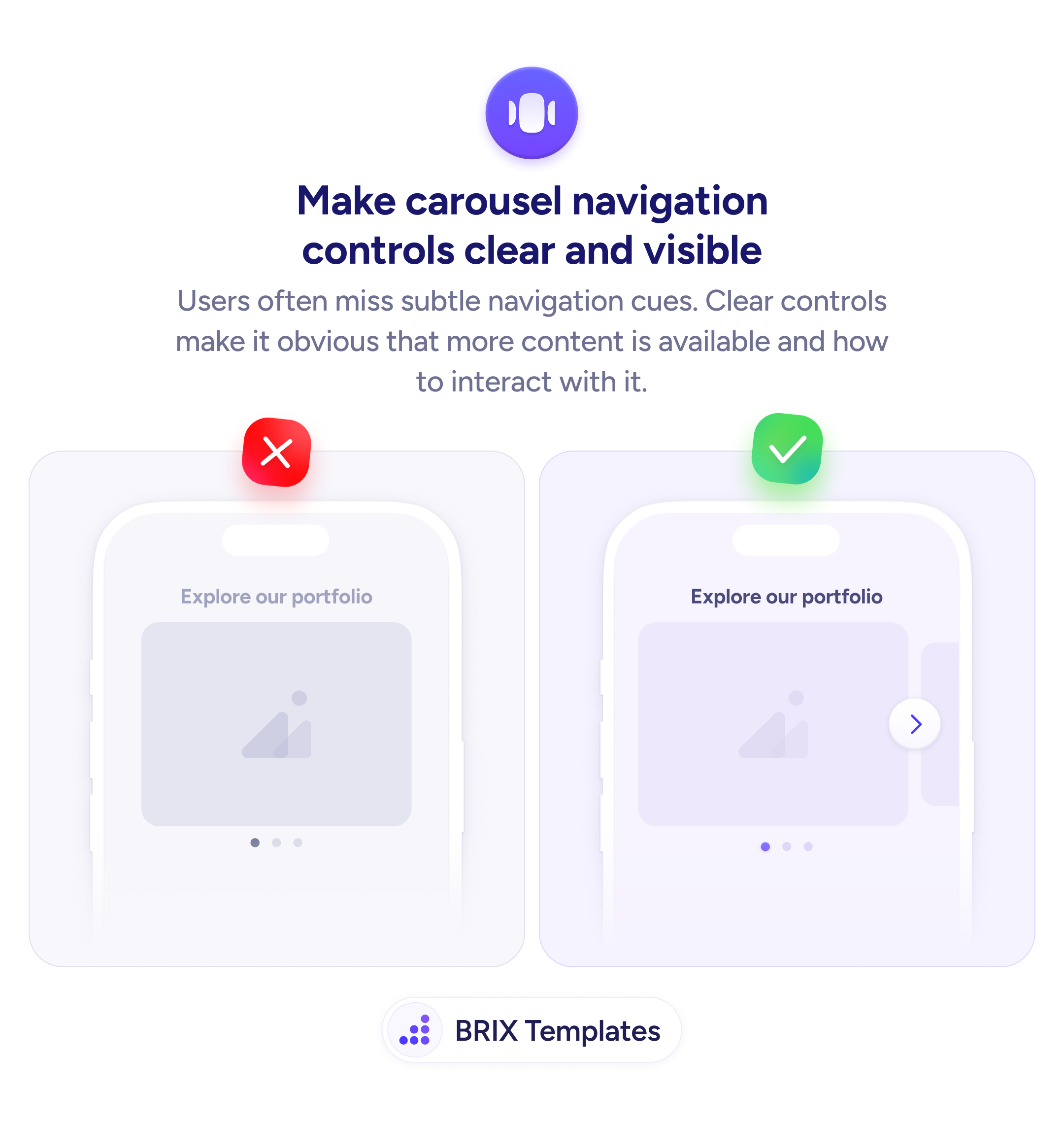 UX tip graphic with the title 'Make carousel navigation controls clear and visible.' Two carousel components side by side showing an 'Explore our portfolio' section: the left carousel marked with a red X has no visible arrow buttons and only tiny faded dots, the right carousel marked with a green checkmark has a clear arrow button on the right edge and prominent active dot indicators below. BRIX Templates branding at the bottom.