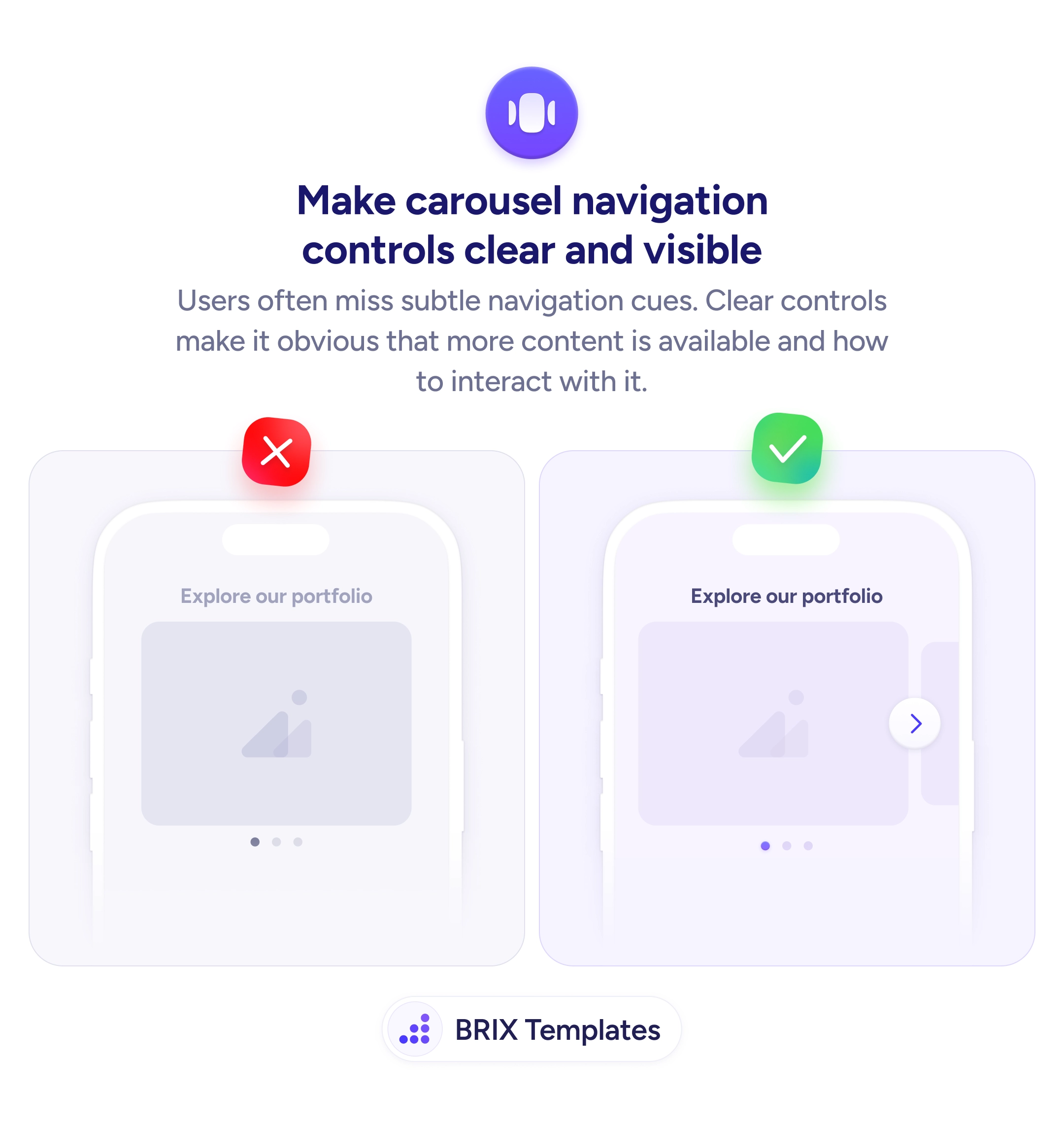 UX tip graphic with the title 'Make carousel navigation controls clear and visible.' Two carousel components side by side showing an 'Explore our portfolio' section: the left carousel marked with a red X has no visible arrow buttons and only tiny faded dots, the right carousel marked with a green checkmark has a clear arrow button on the right edge and prominent active dot indicators below. BRIX Templates branding at the bottom.
