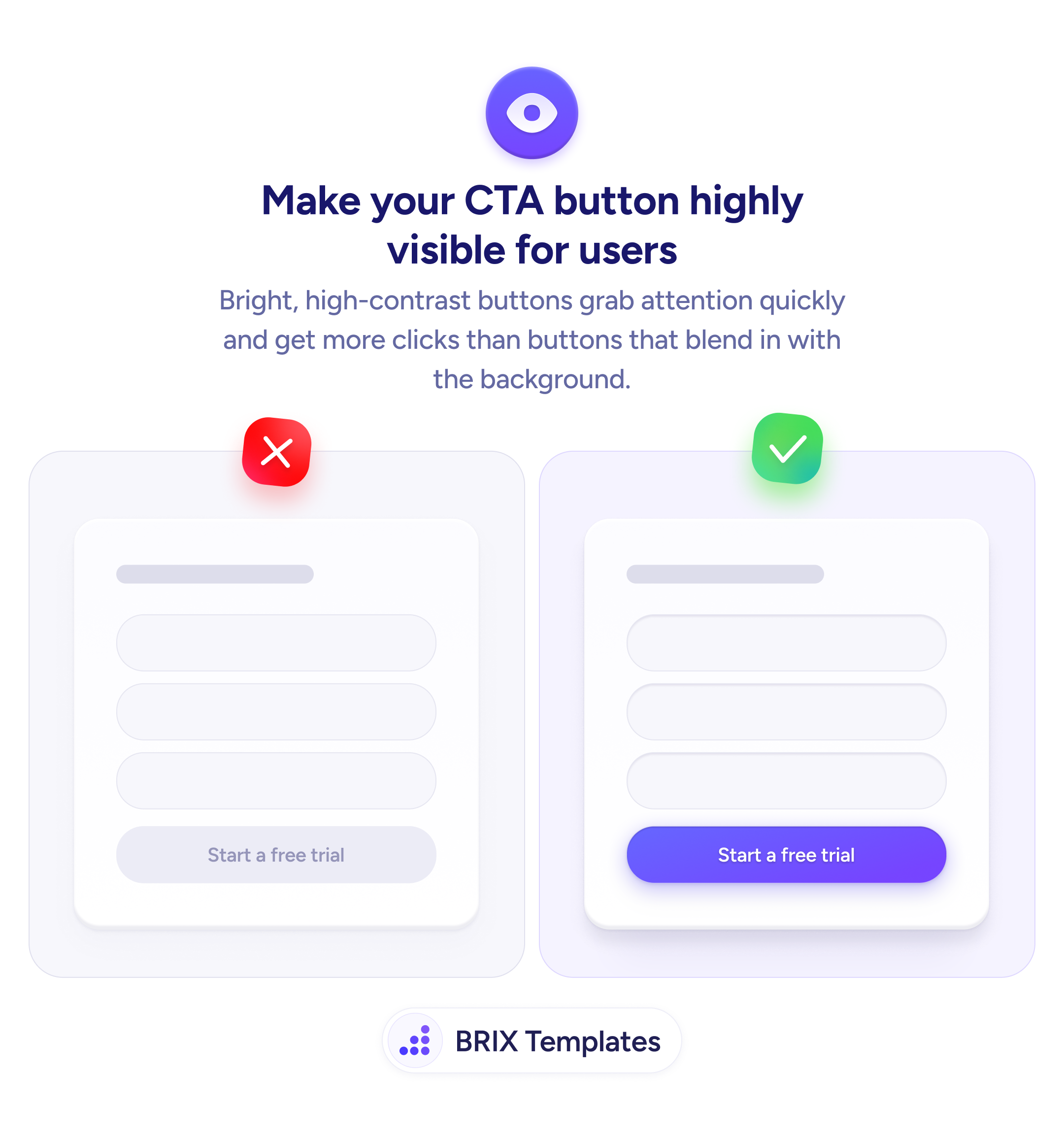 Side-by-side comparison of two form cards: the left card has a low-contrast gray CTA button that blends into the background, while the right card has a high-contrast solid purple CTA button that clearly stands out.