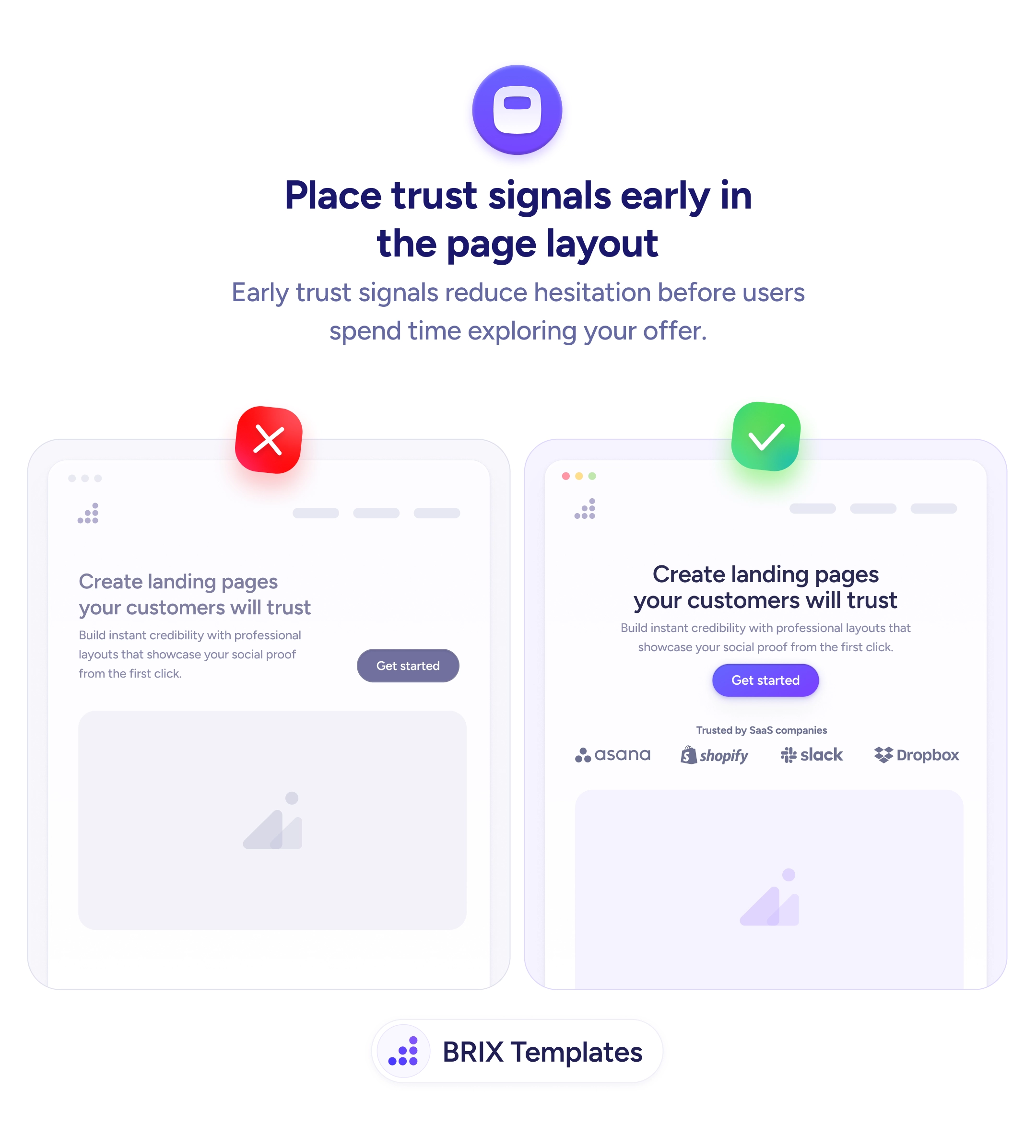 UX tip graphic with the title 'Place trust signals early in the page layout.' Two landing page mockups side by side: the left page marked with a red X shows a hero section with no trust indicators below the CTA, the right page marked with a green checkmark shows a 'Trusted by SaaS companies' logo bar with Asana, Shopify, Slack, and Dropbox logos directly below the hero CTA. BRIX Templates branding at the bottom.