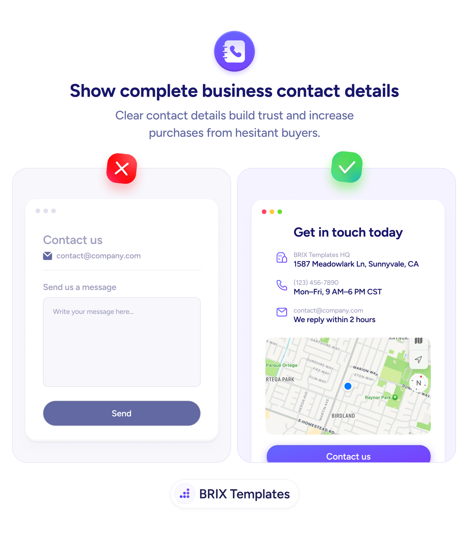 UX tip graphic titled 'Show complete business contact details.' The left panel marked with a red X shows a sparse 'Contact us' page offering only a single email address and a blank message form, with no other information about the company. The right panel marked with a green checkmark shows a 'Get in touch today' page with full details: a physical address 'BRIX Templates HQ, 1587 Meadowlark Ln, Sunnyvale, CA', a phone number with hours 'Mon–Fri, 9 AM–6 PM CST', an email noting 'We reply within 2 hours', an embedded location map, and a 'Contact us' button. BRIX Templates branding at the bottom.