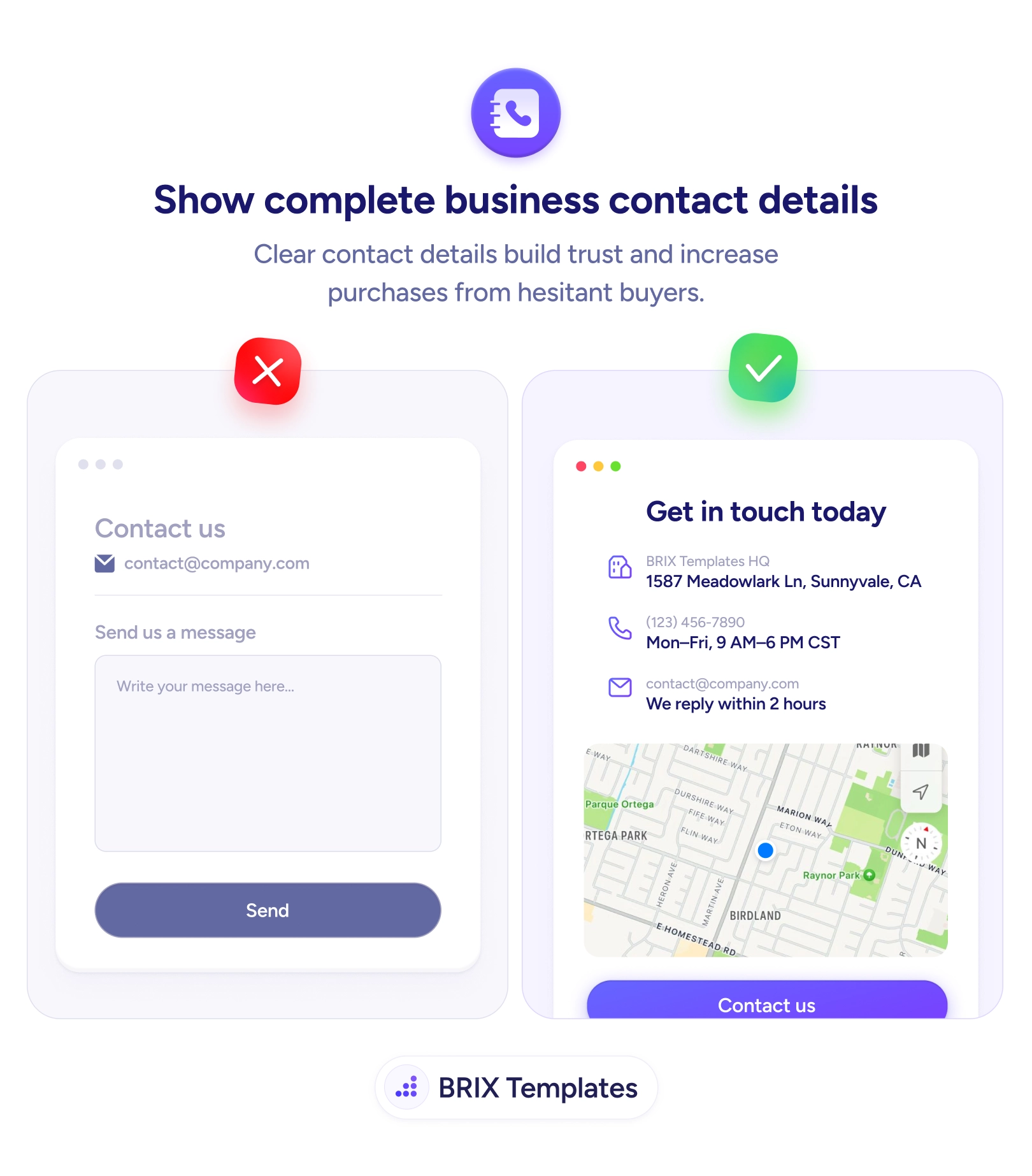UX tip graphic titled 'Show complete business contact details.' The left panel marked with a red X shows a sparse 'Contact us' page offering only a single email address and a blank message form, with no other information about the company. The right panel marked with a green checkmark shows a 'Get in touch today' page with full details: a physical address 'BRIX Templates HQ, 1587 Meadowlark Ln, Sunnyvale, CA', a phone number with hours 'Mon–Fri, 9 AM–6 PM CST', an email noting 'We reply within 2 hours', an embedded location map, and a 'Contact us' button. BRIX Templates branding at the bottom.