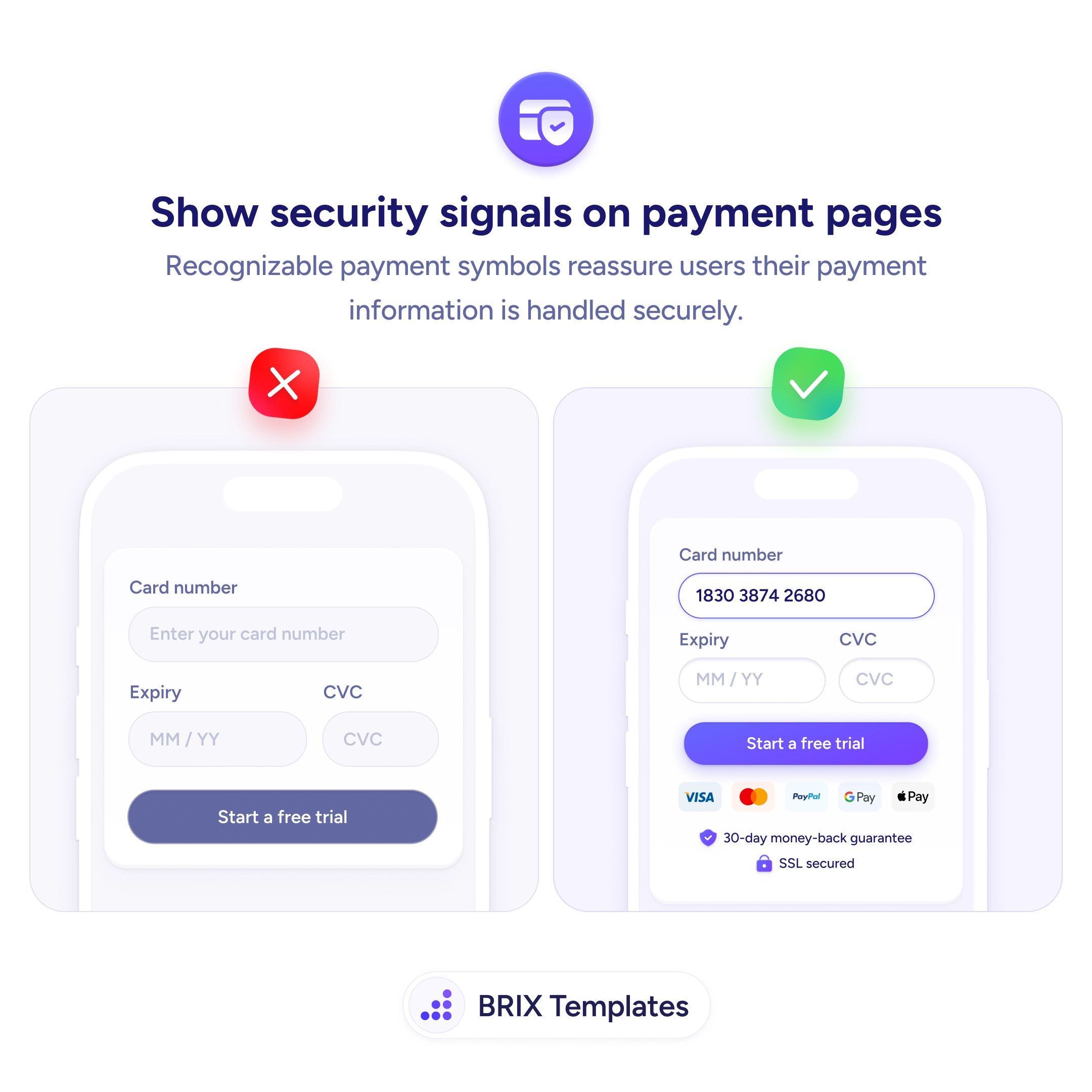 UX tip graphic titled 'Show security signals on payment pages.' Both panels show a mobile payment screen with card number, expiry, and CVC fields and a purple 'Start a free trial' button. The left panel marked with a red X shows the form alone, with no payment logos, guarantee, or security cues beneath the button. The right panel marked with a green checkmark shows the same form with recognizable payment badges (Visa, Mastercard, PayPal, Google Pay) plus a '30-day money-back guarantee' line and an 'SSL secured' padlock label directly under the button. BRIX Templates branding at the bottom.