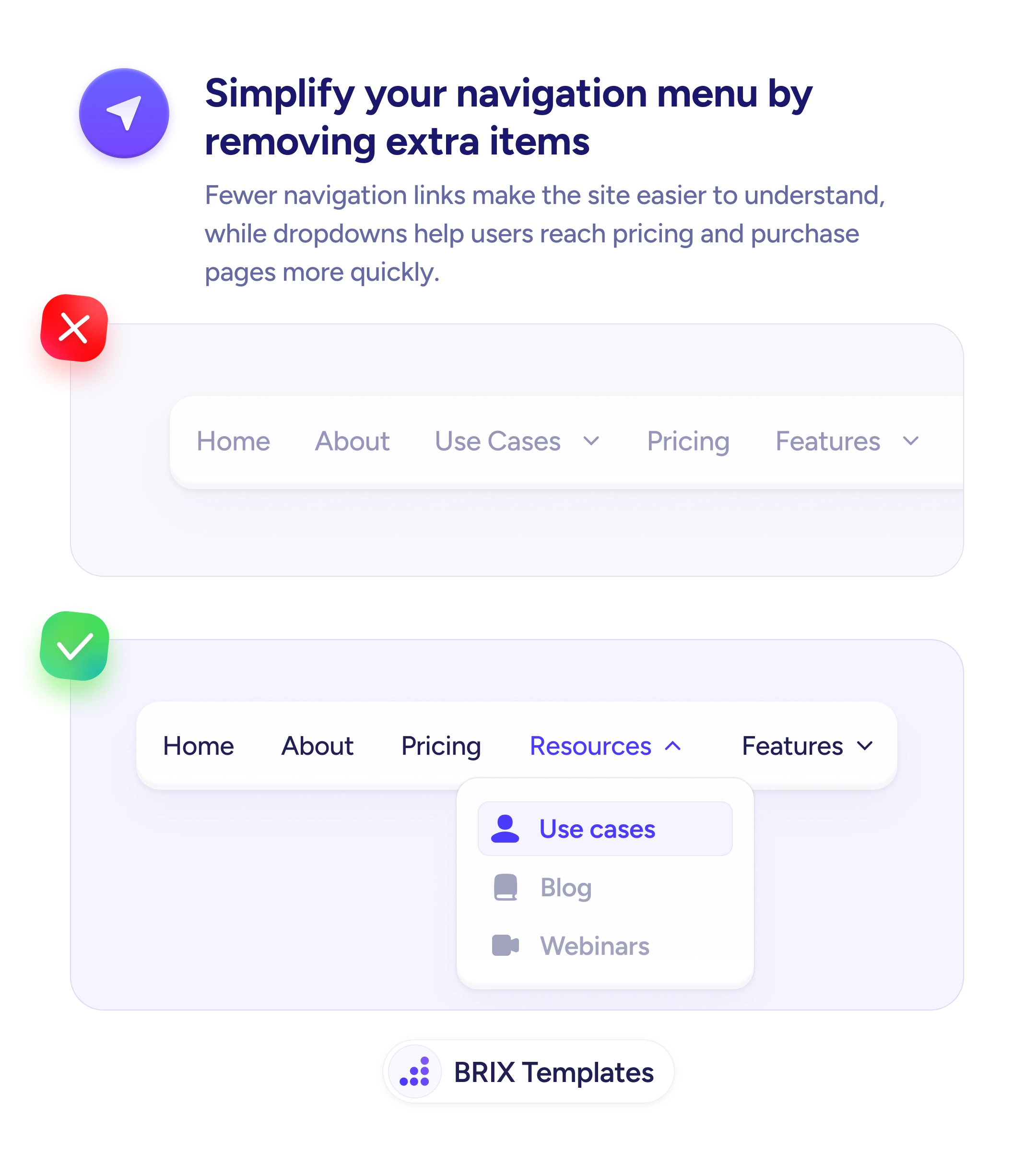 UX tip graphic with the title 'Simplify your navigation menu by removing extra items.' Two navigation bars stacked: the top marked with a red X shows a flat nav with many items — Home, About, Use Cases, Pricing, Features. The bottom marked with a green checkmark shows a simplified nav — Home, About, Pricing, Resources (dropdown open with Use cases, Blog, Webinars), Features. BRIX Templates branding at the bottom.