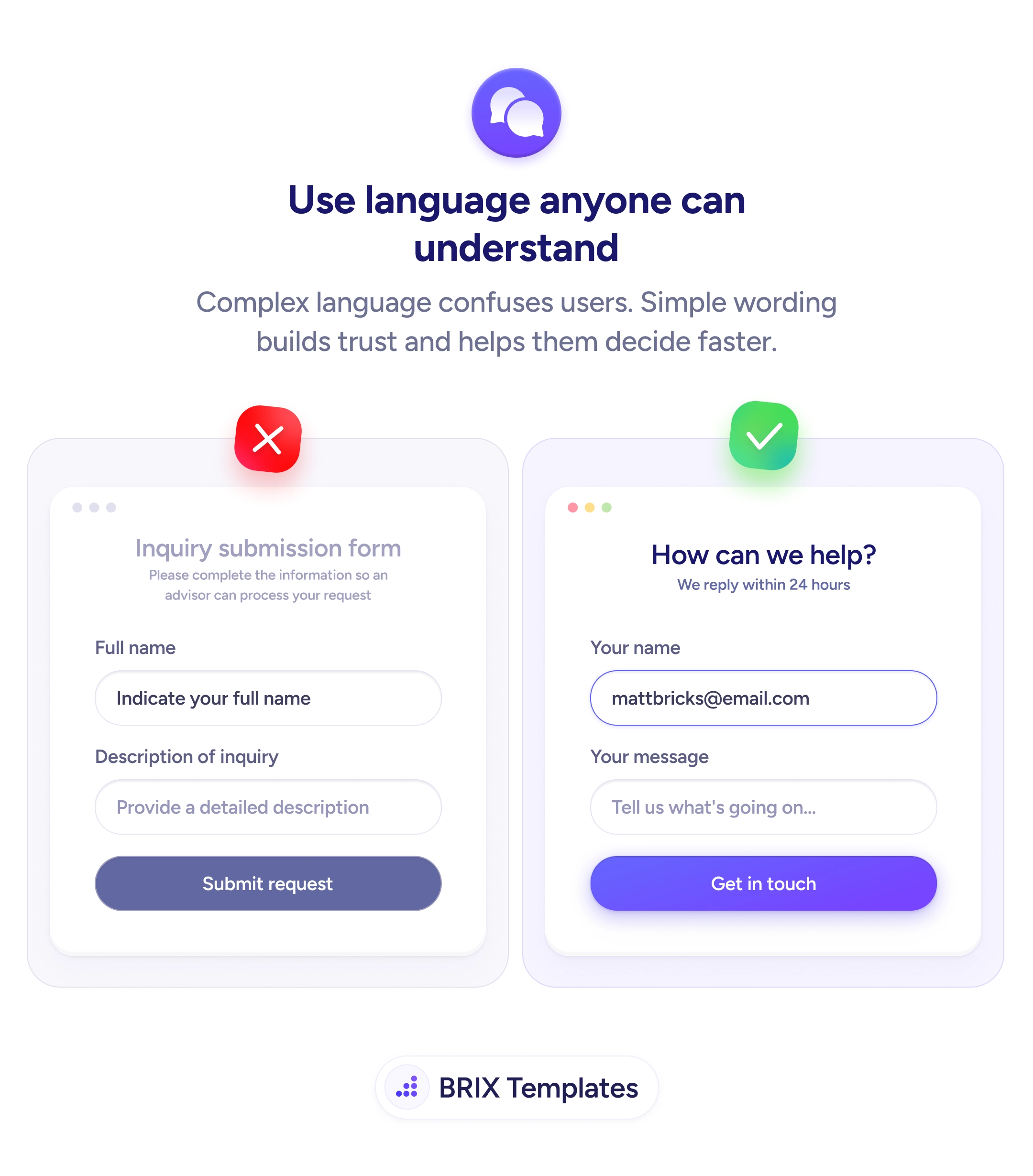 UX tip graphic with the title 'Use language anyone can understand.' Two contact form cards side by side. The left card marked with a red X shows the formal heading 'Inquiry submission form' with the subtext 'Please complete the information so an advisor can process your request', a 'Full name' field with placeholder 'Indicate your full name', a 'Description of inquiry' field with placeholder 'Provide a detailed description', and a muted 'Submit request' button. The right card marked with a green checkmark shows the friendly heading 'How can we help?' with the subtext 'We reply within 24 hours', a 'Your name' field with the example email 'mattbricks@email.com', a 'Your message' field with placeholder 'Tell us what's going on…', and a prominent purple 'Get in touch' button. BRIX Templates branding at the bottom.