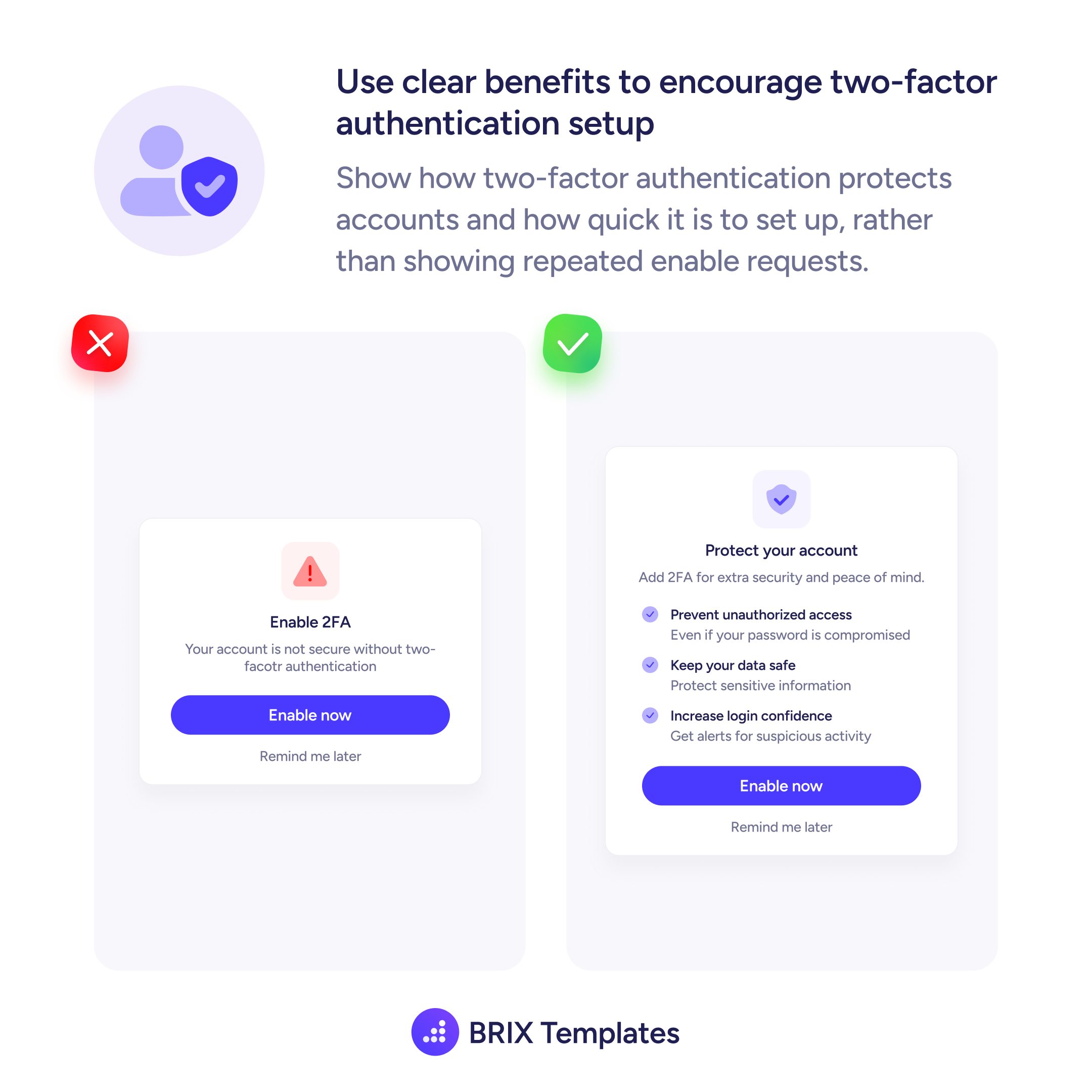 Side-by-side comparison of two 2FA setup prompts: a fear-based warning on the left versus a benefit-focused prompt listing account protection, data safety, and login confidence on the right